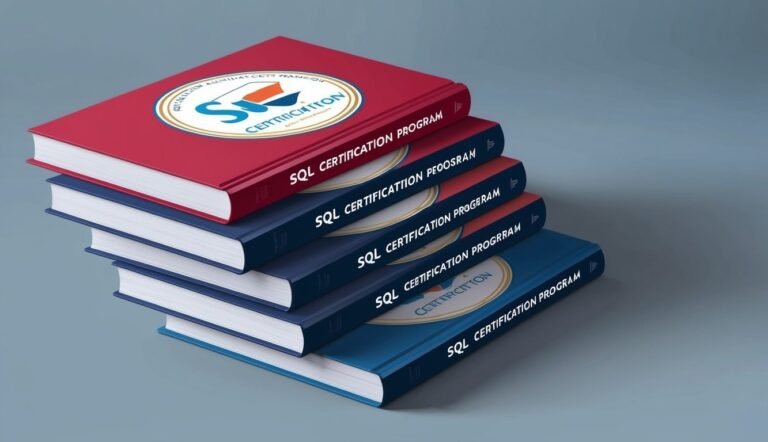 Stack of SQL certification program books, red and blue covers