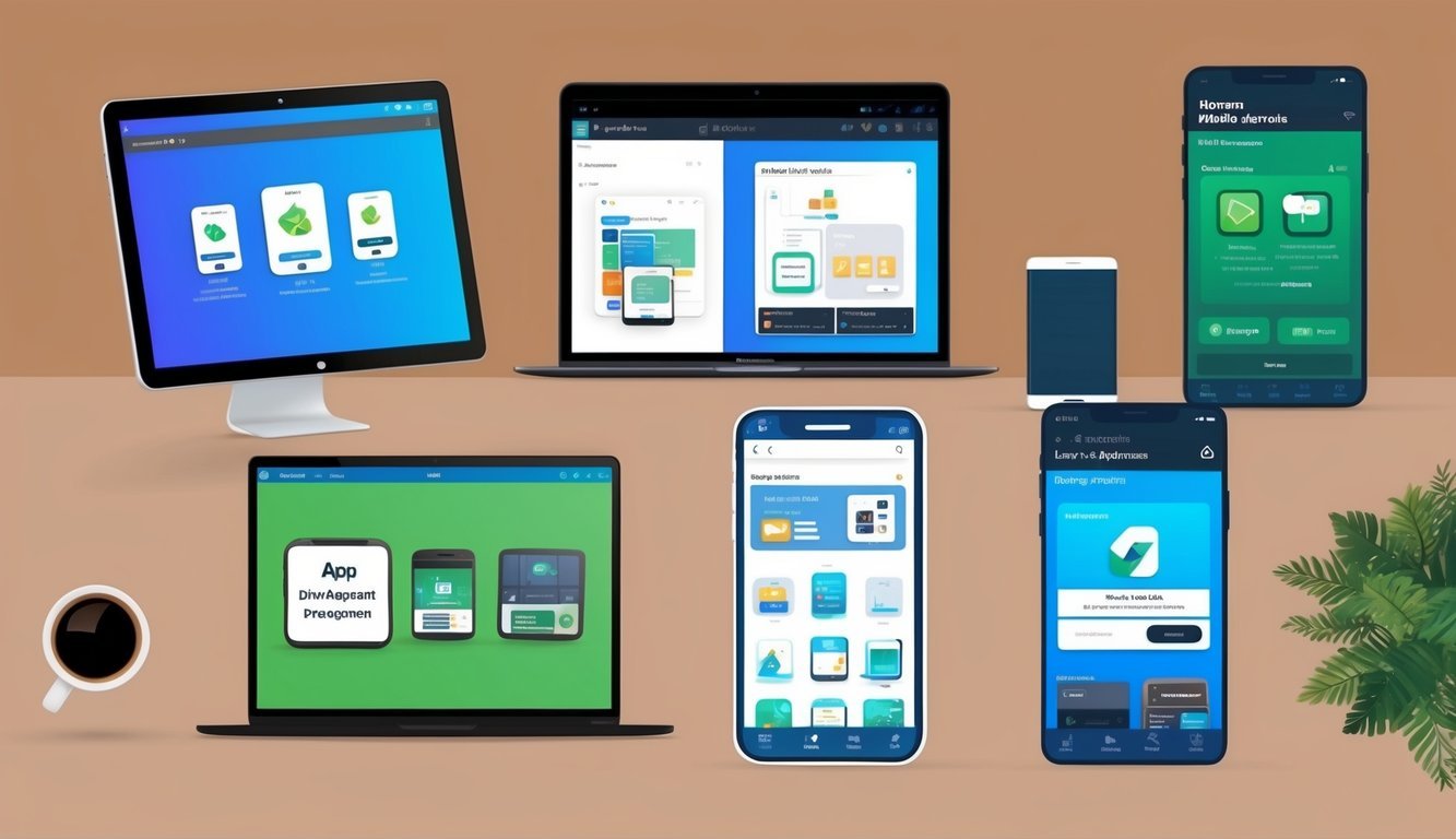 A table with six different mobile devices displaying various app development programs on their screens