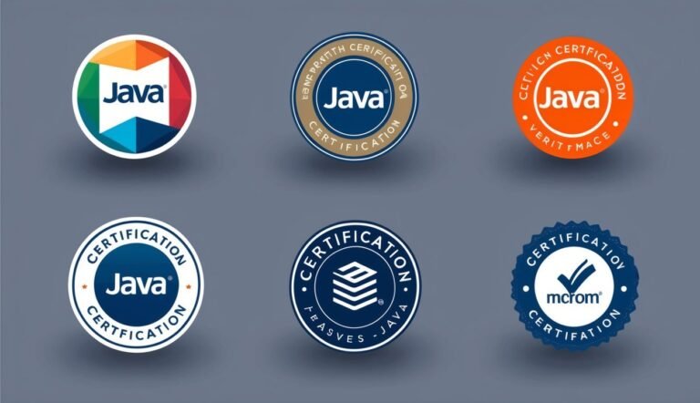 Six different Java certification badges with various designs and colors
