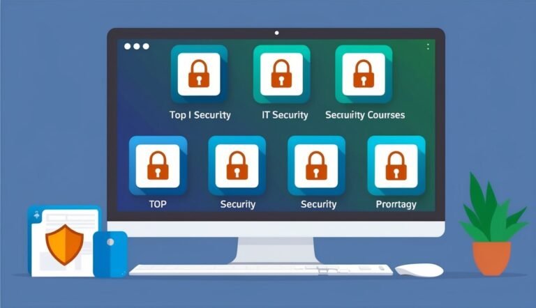 Computer monitor with security icons, shield, and a plant