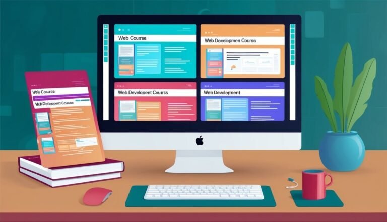 Desktop computer with web development course windows, books, and a plant