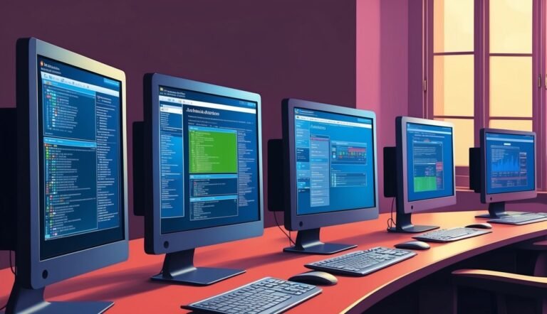 Five computer monitors displaying code on a red desk near a window