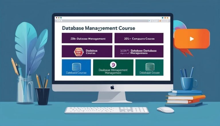 Computer screen displaying a database management course with icons and text