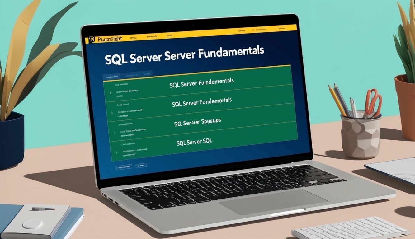 A laptop displaying Pluralsight's SQL Server Fundamentals course list