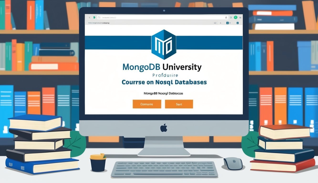 A computer screen displaying a MongoDB University course on NoSQL databases, surrounded by books on database management