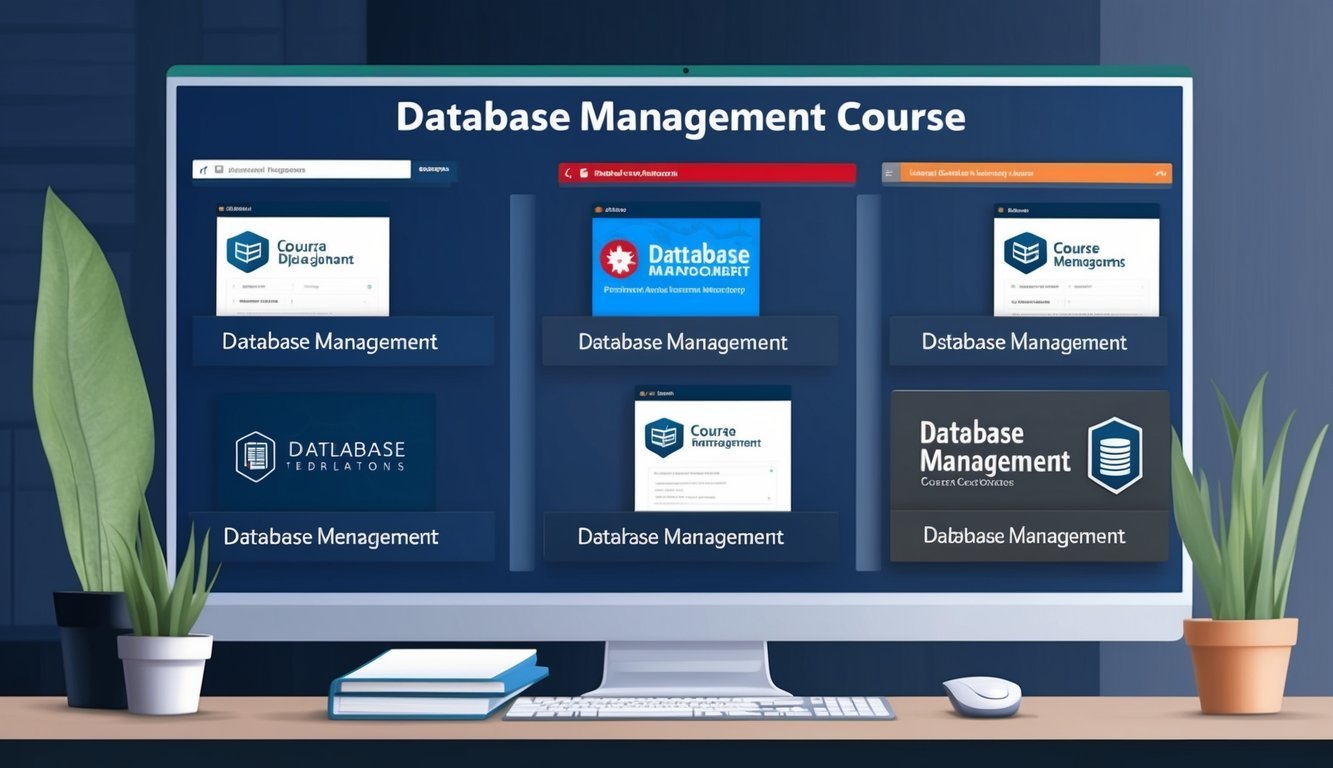 A computer screen displaying six different database management course options with various logos and course information