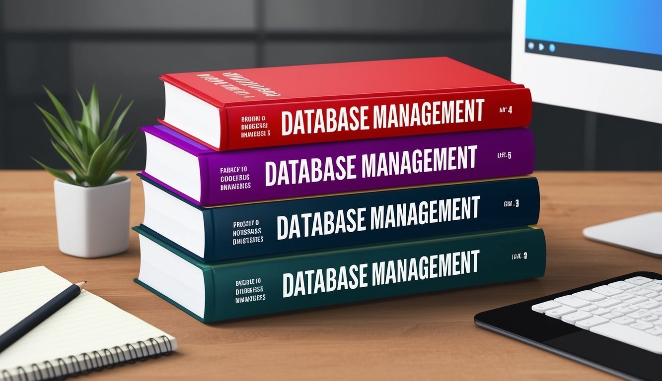 A stack of six books on database management, with a computer and notepad nearby