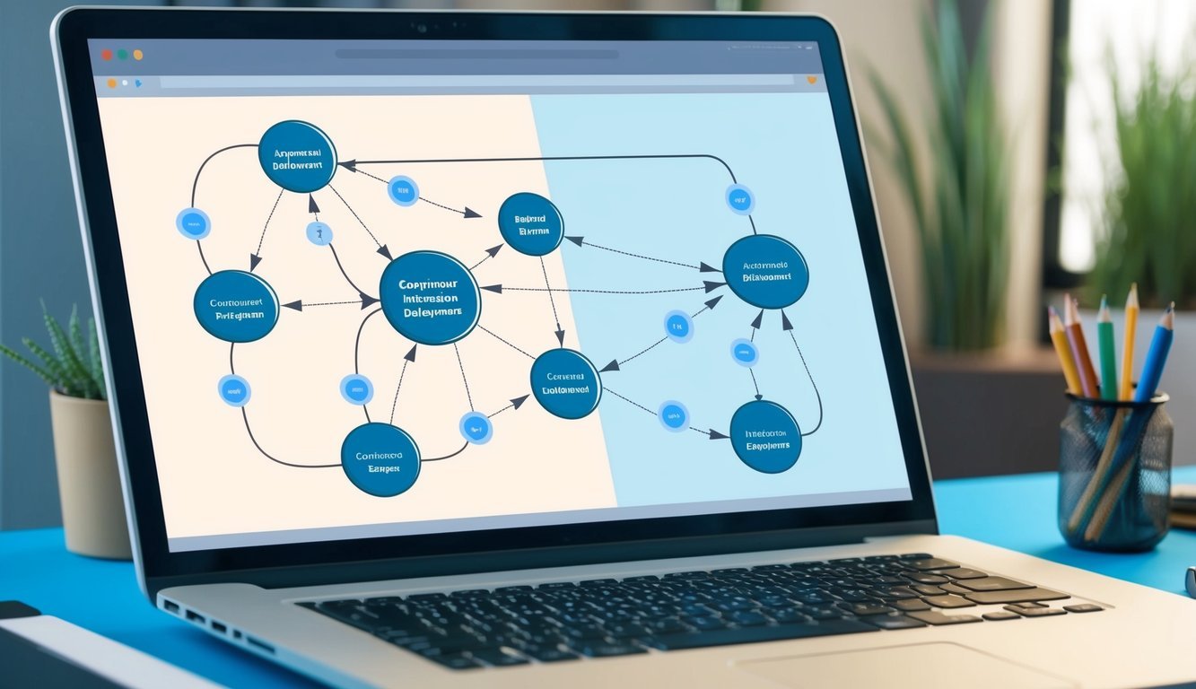 A computer screen displaying a flowchart of CI/CD concepts, with various interconnected nodes and arrows representing the automated process of continuous integration and continuous deployment