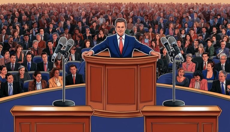 Man in suit at podium speaking to a large audience