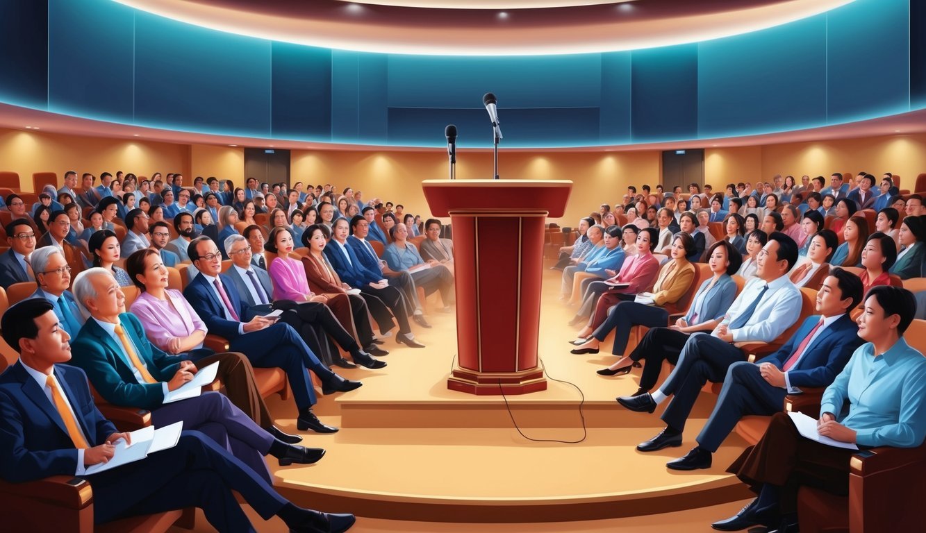 A podium with a microphone, surrounded by attentive listeners in a brightly lit auditorium