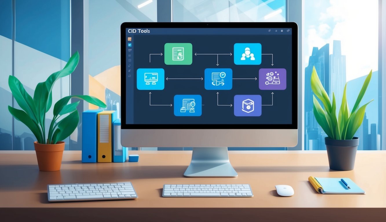 A computer screen displaying various CI/CD tools with a flowchart diagram and icons representing different stages of the development process