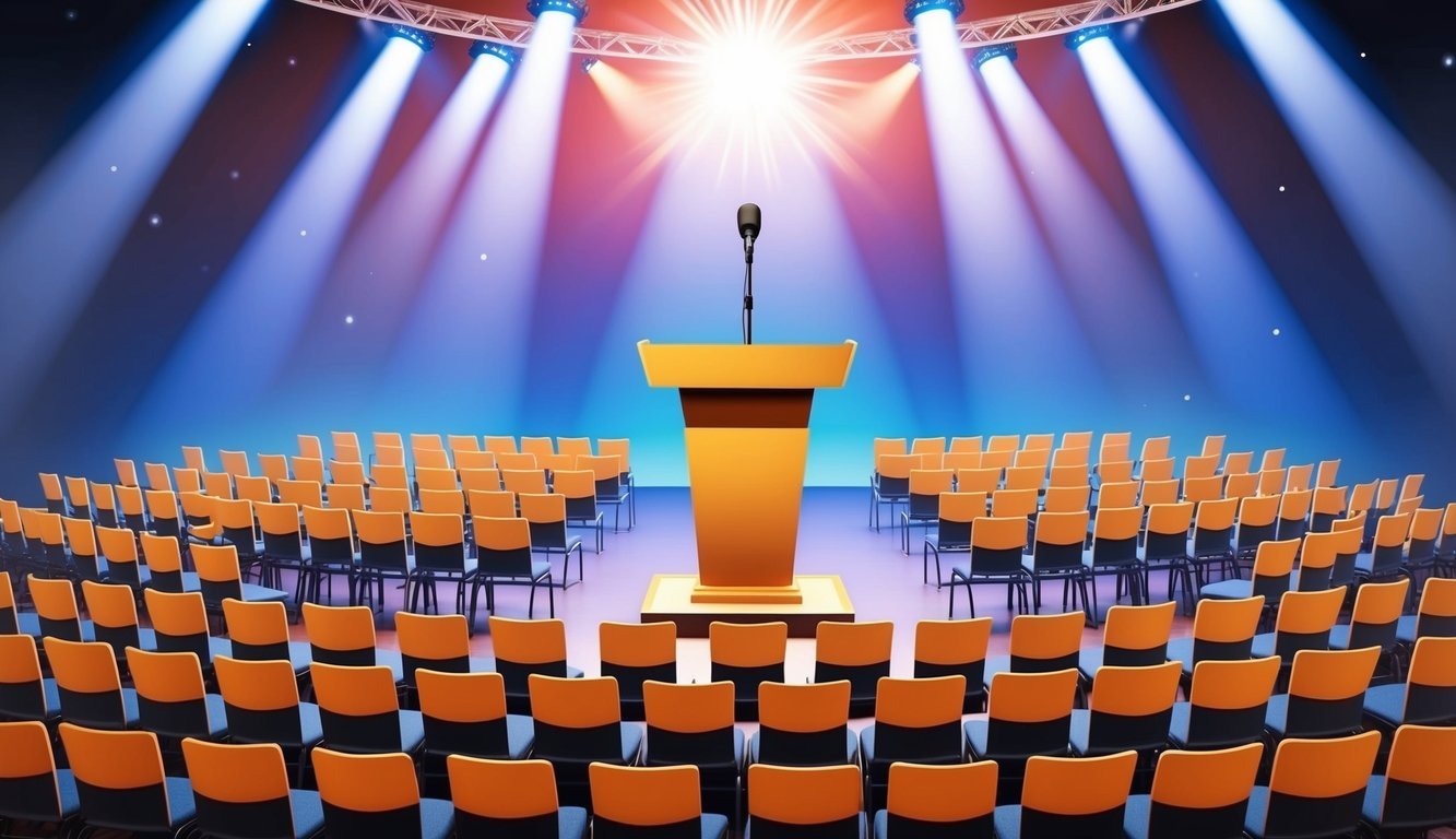 A podium with a microphone stands at the center of a brightly lit stage, surrounded by rows of empty chairs