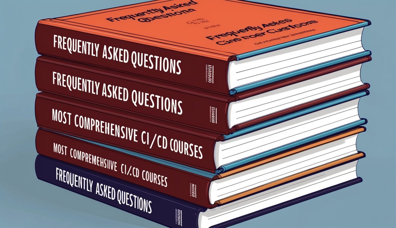 A stack of books with "Frequently Asked Questions" and "Most comprehensive CI/CD courses" on the cover