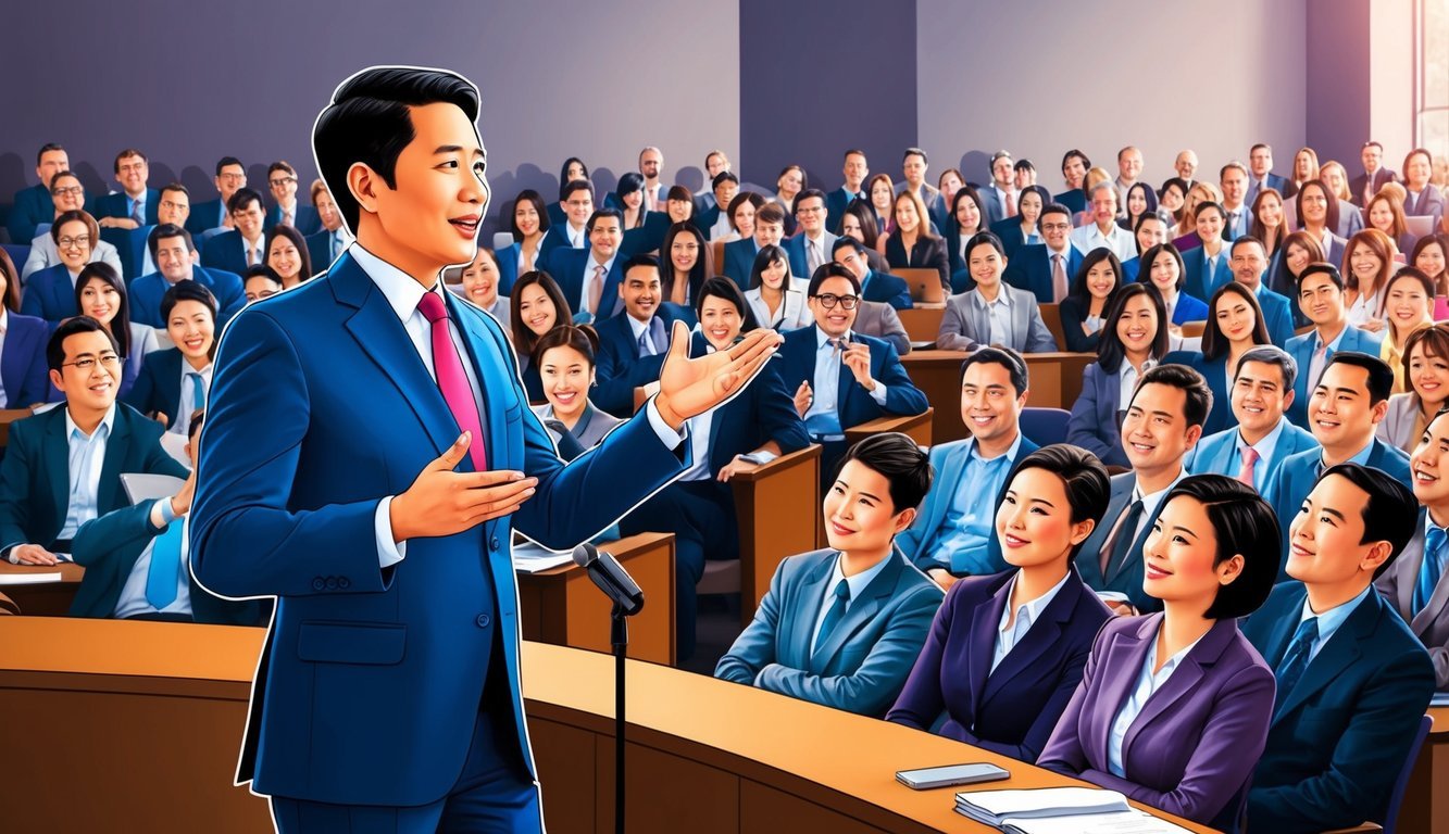 A person stands confidently in front of an audience, gesturing and engaging with the crowd.</p><p>The room is filled with eager listeners, and the speaker exudes confidence and authority