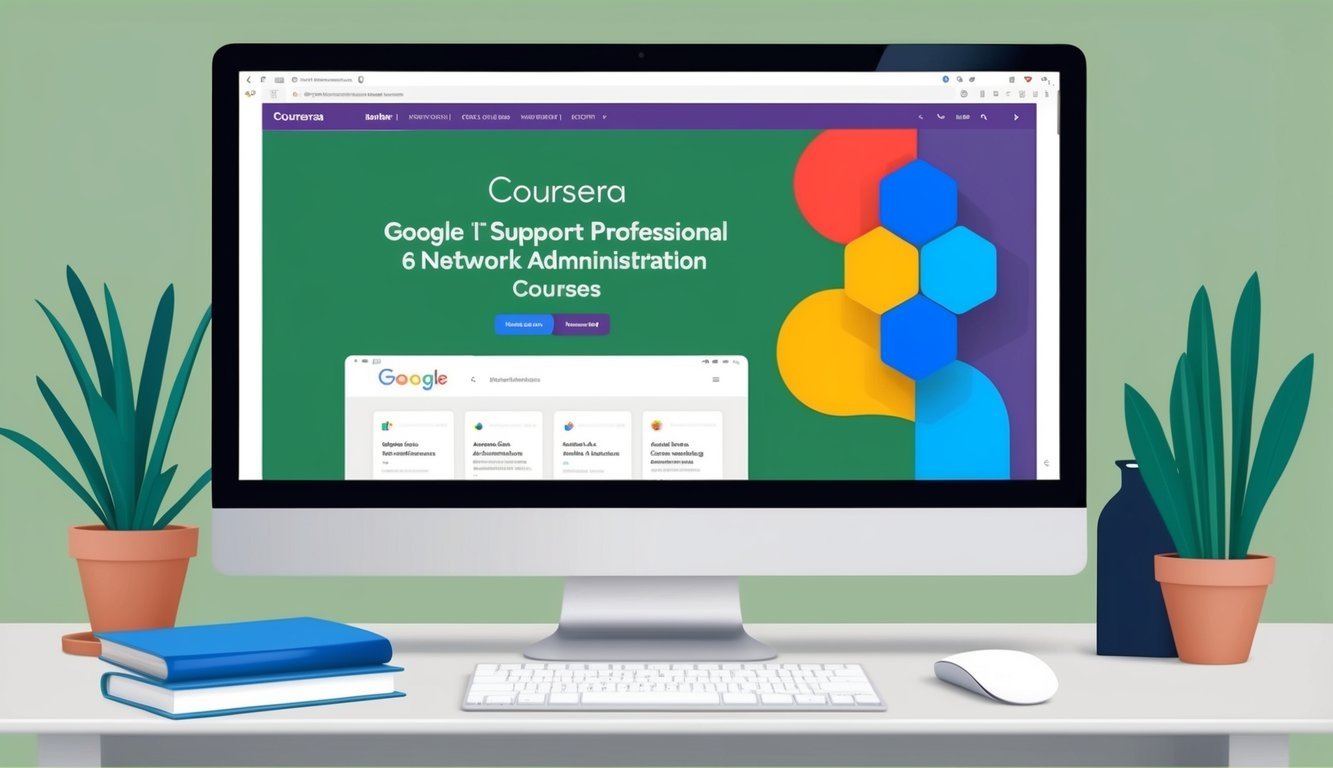 A computer screen displaying the Coursera website with the Google IT Support Professional 6 Best Network Administration Courses highlighted