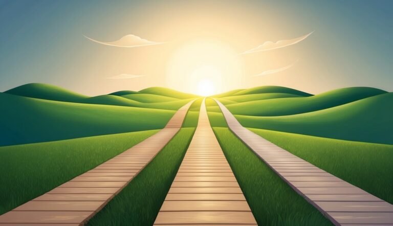 Wooden paths leading to a bright sun over green rolling hills