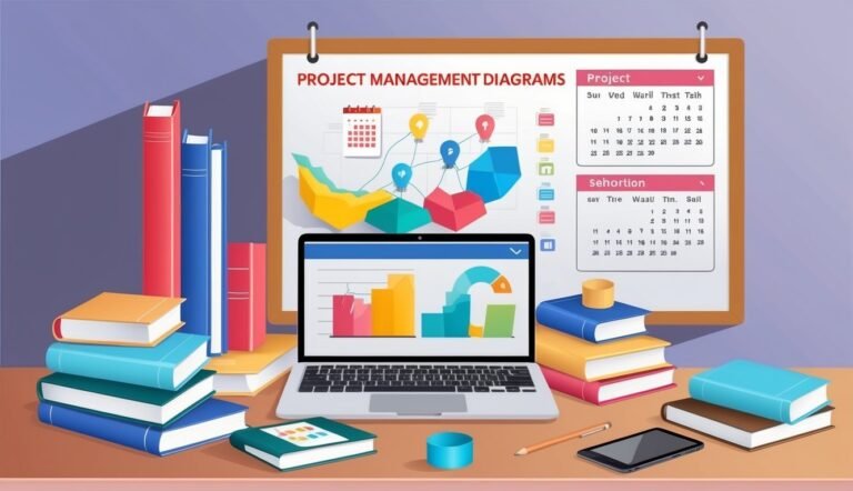 Laptop, books, and project management diagrams on a desk