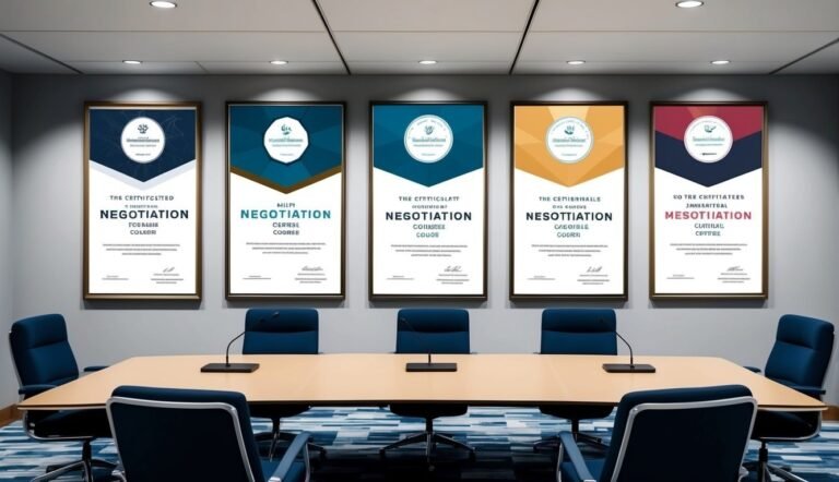 Conference room with framed certificates on the wall, table, and chairs