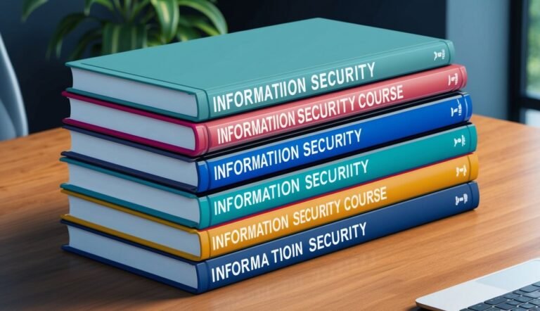 Stack of colorful "Information Security" books on a wooden desk