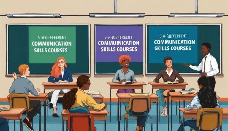 Classroom scene with students and instructor, communication skills courses on boards