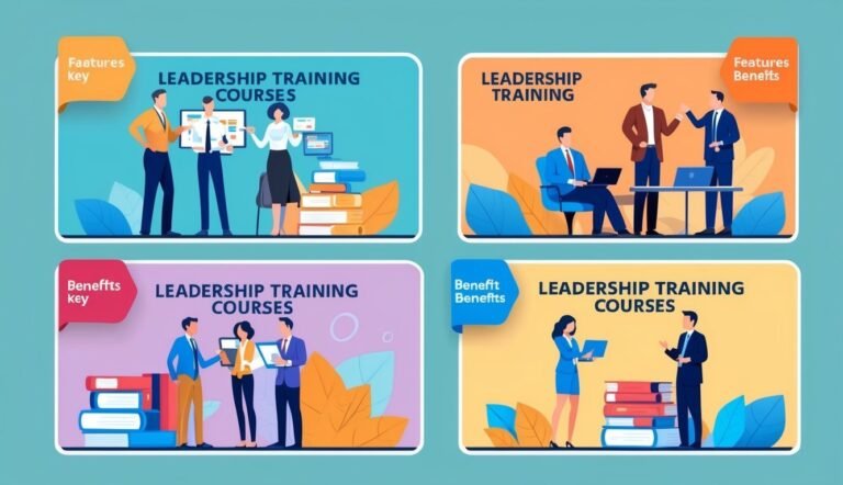 Four panels illustrating leadership training courses with people and books