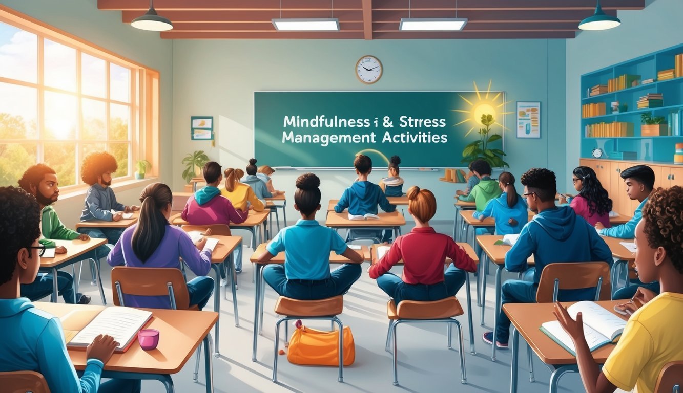 A serene, sunlit classroom with a diverse group of students engaged in mindfulness and stress management activities