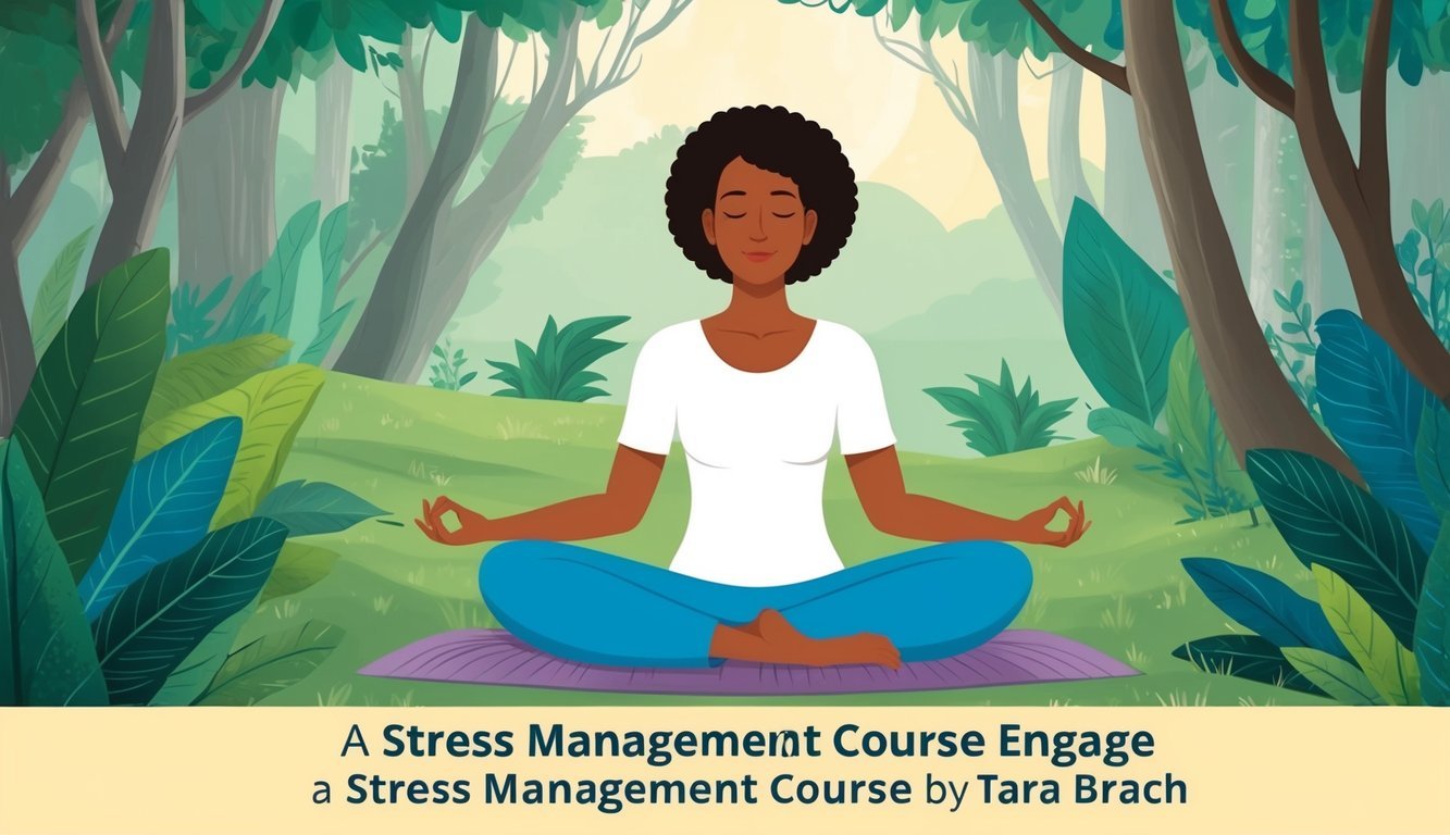 A person sitting peacefully in a serene environment, surrounded by nature and engaging in a stress management course by Tara Brach