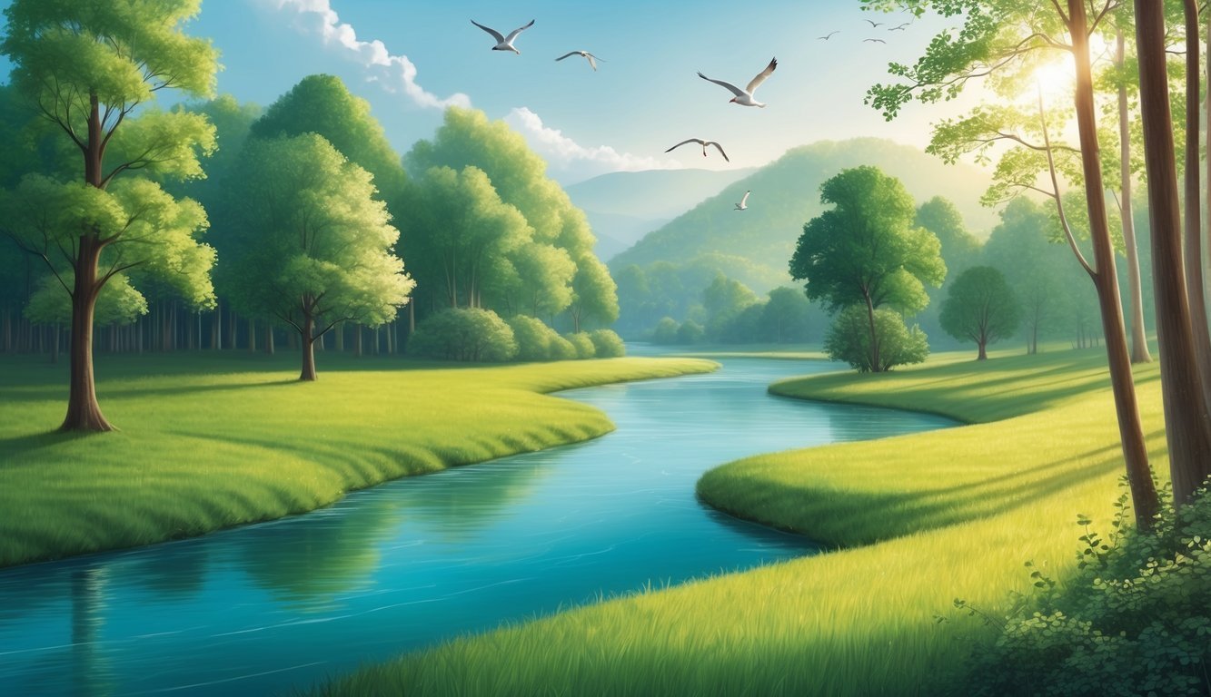 A calm, green landscape with a winding river and a serene forest, with birds flying overhead and sunlight streaming through the trees