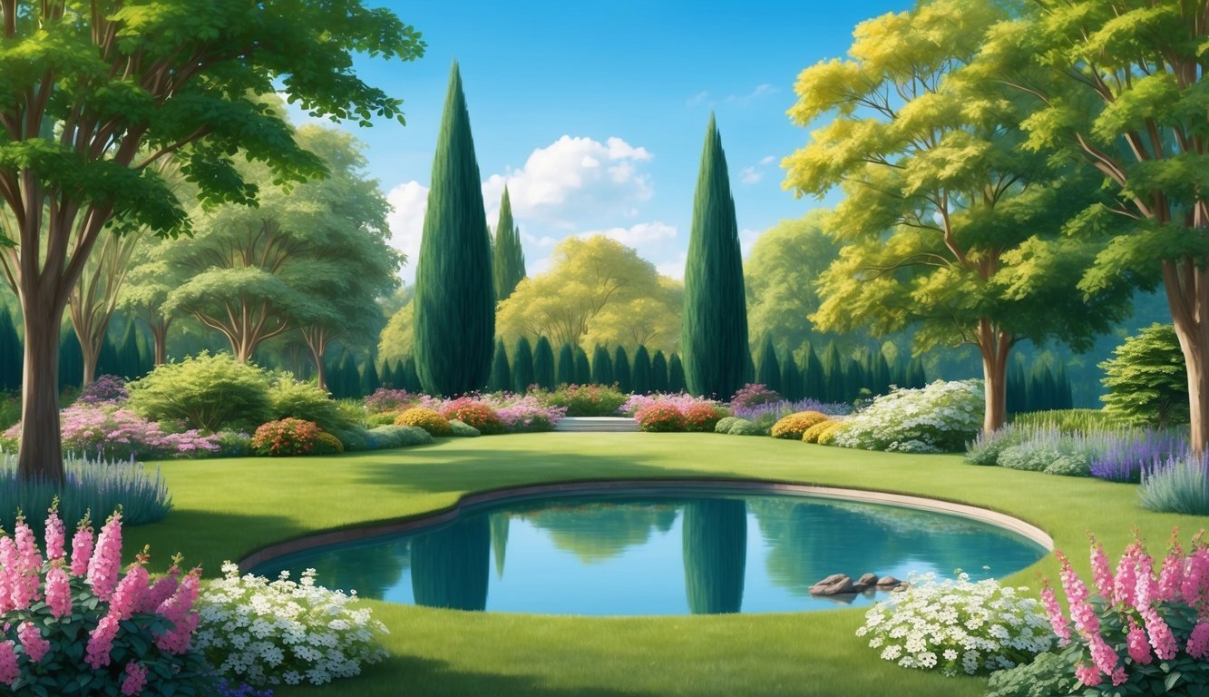 A serene garden with blooming flowers and a peaceful pond, surrounded by tall trees and a clear blue sky