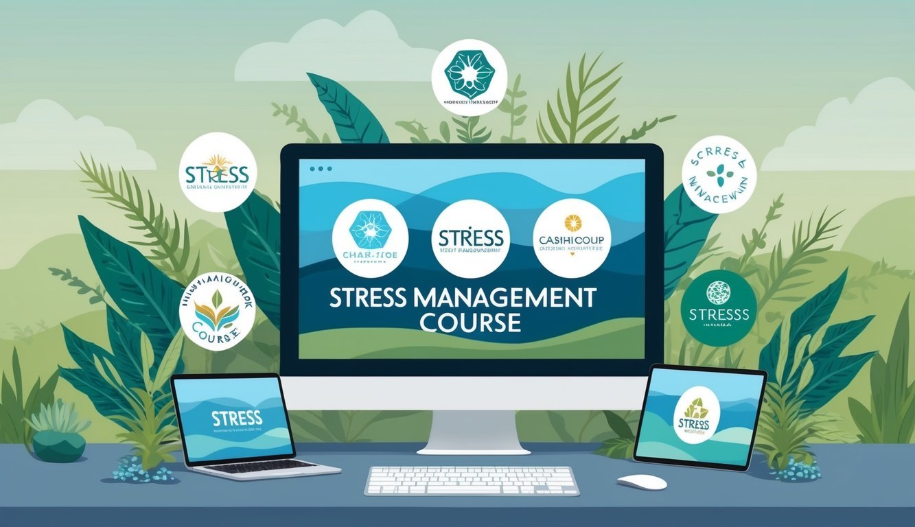 A serene landscape with seven different stress management course logos displayed on a computer screen, surrounded by calming elements like plants and soothing colors