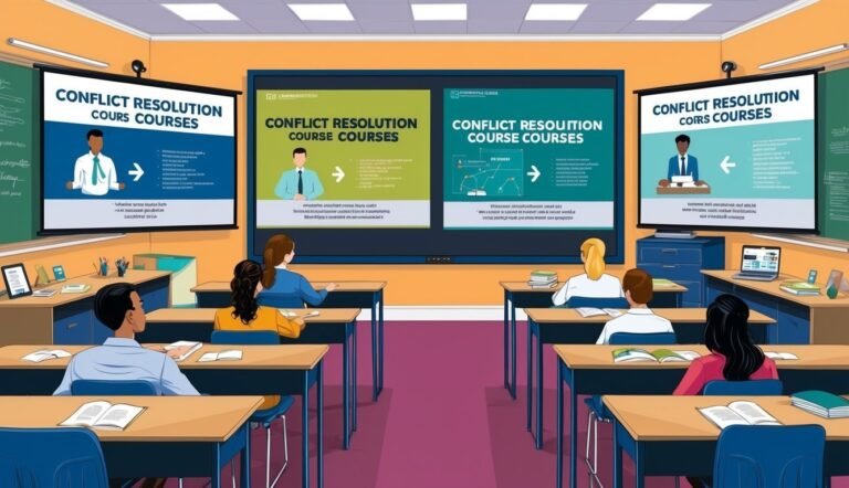 Classroom with students, screens displaying "Conflict Resolution Course Courses."