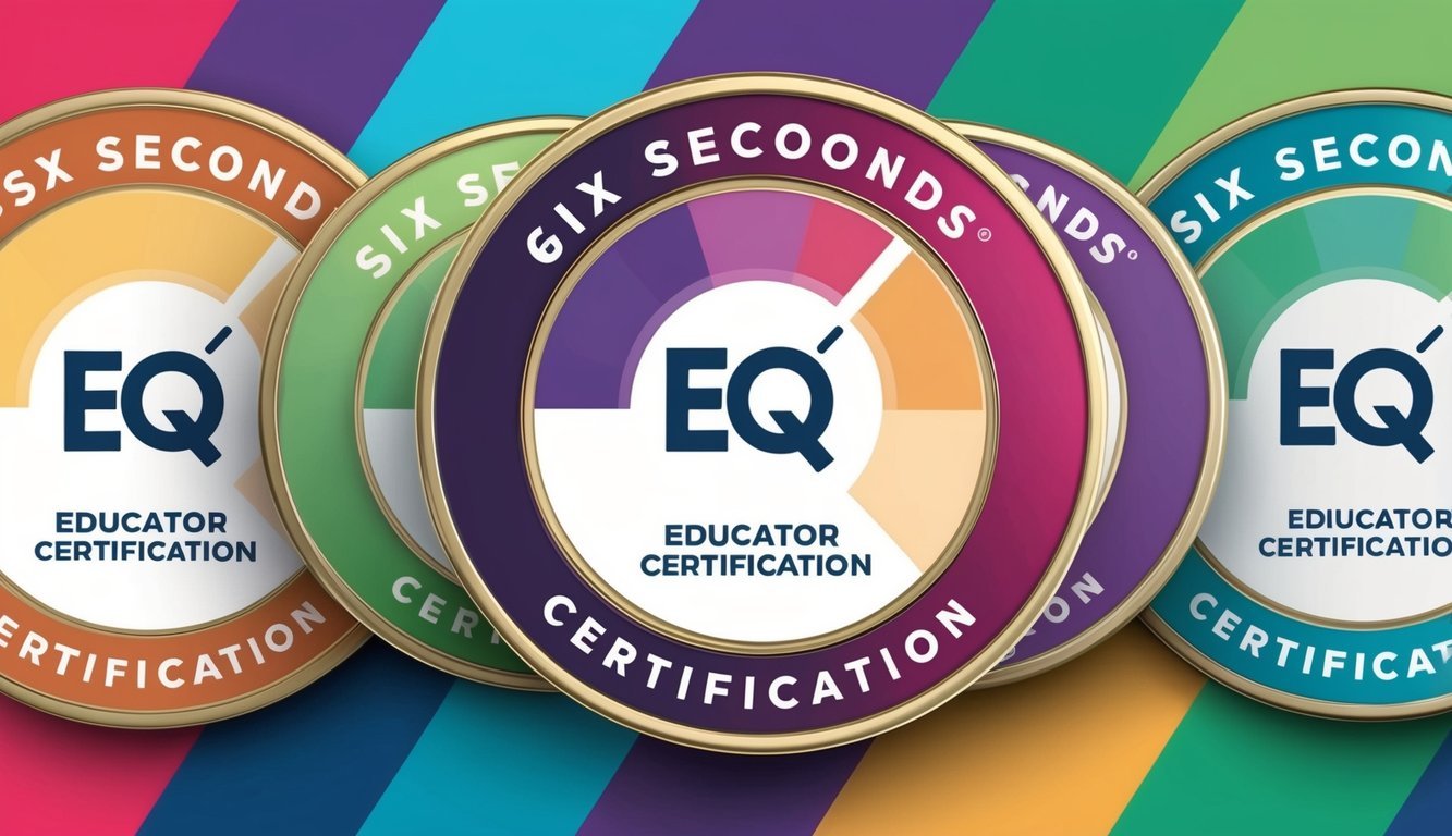 A group of five colorful badges with the Six Seconds' EQ Educator Certification logo displayed prominently