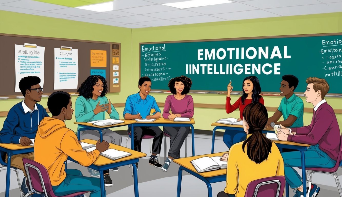 A classroom setting with diverse students engaged in group discussions and activities related to emotional intelligence