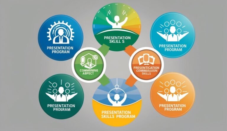 Diagram of presentation skills, programs, and communication aspects in colorful circles