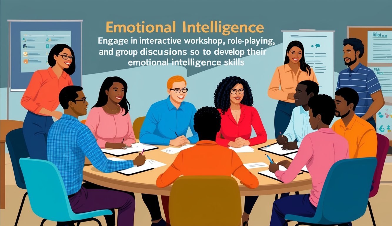 A group of diverse individuals engage in interactive workshops, role-playing, and group discussions to develop their emotional intelligence skills