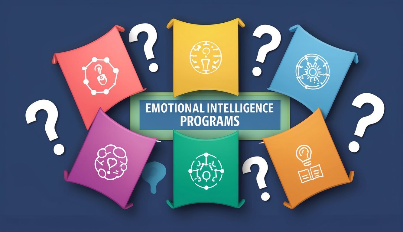 A group of five colorful banners with icons representing different emotional intelligence programs, surrounded by question marks