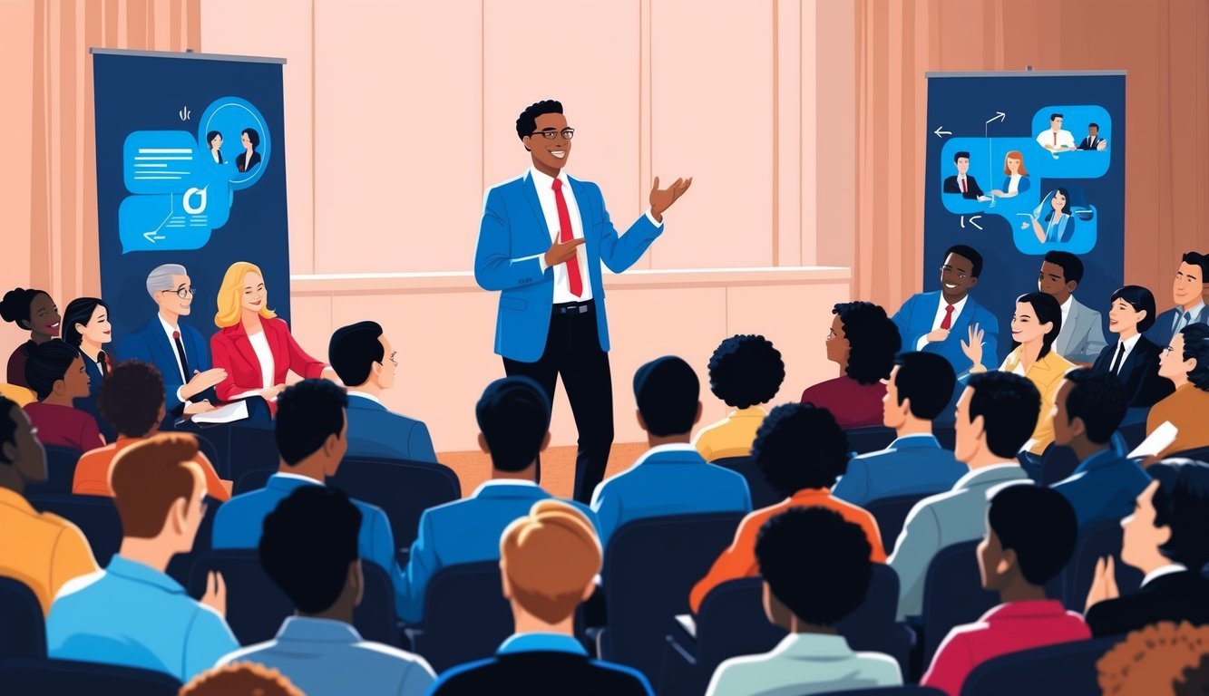 A speaker confidently engages a diverse audience, using dynamic gestures and clear visuals to convey key points.</p><p>The atmosphere is professional and engaging