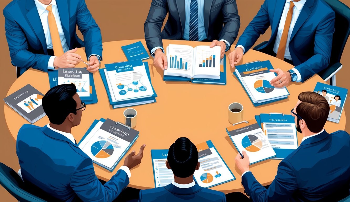 A group of professionals engaging in a coaching session, surrounded by training materials and discussing leadership development