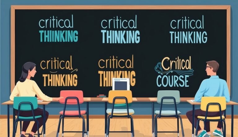 Classroom with students and blackboard with "critical thinking" and "course" written
