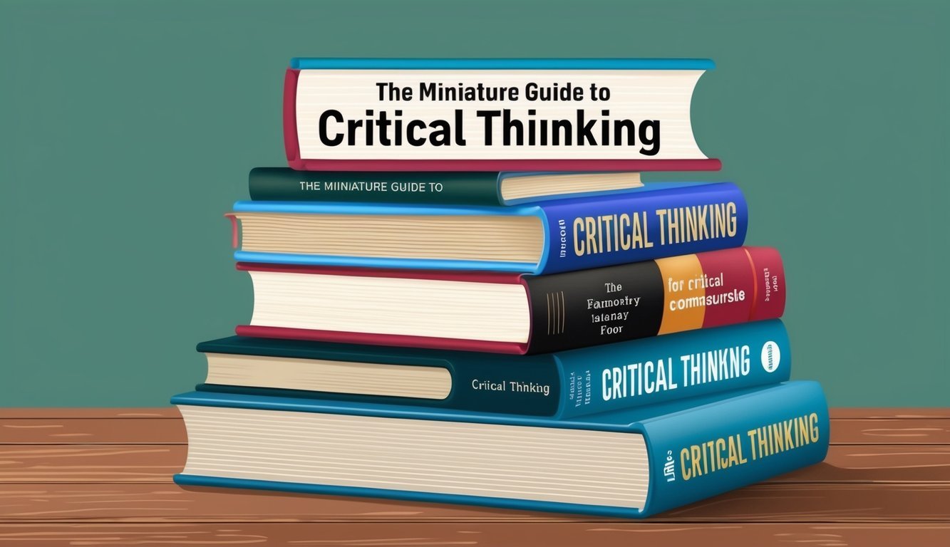 A stack of books with "The Miniature Guide to Critical Thinking" on top, surrounded by 7 other books on critical thinking