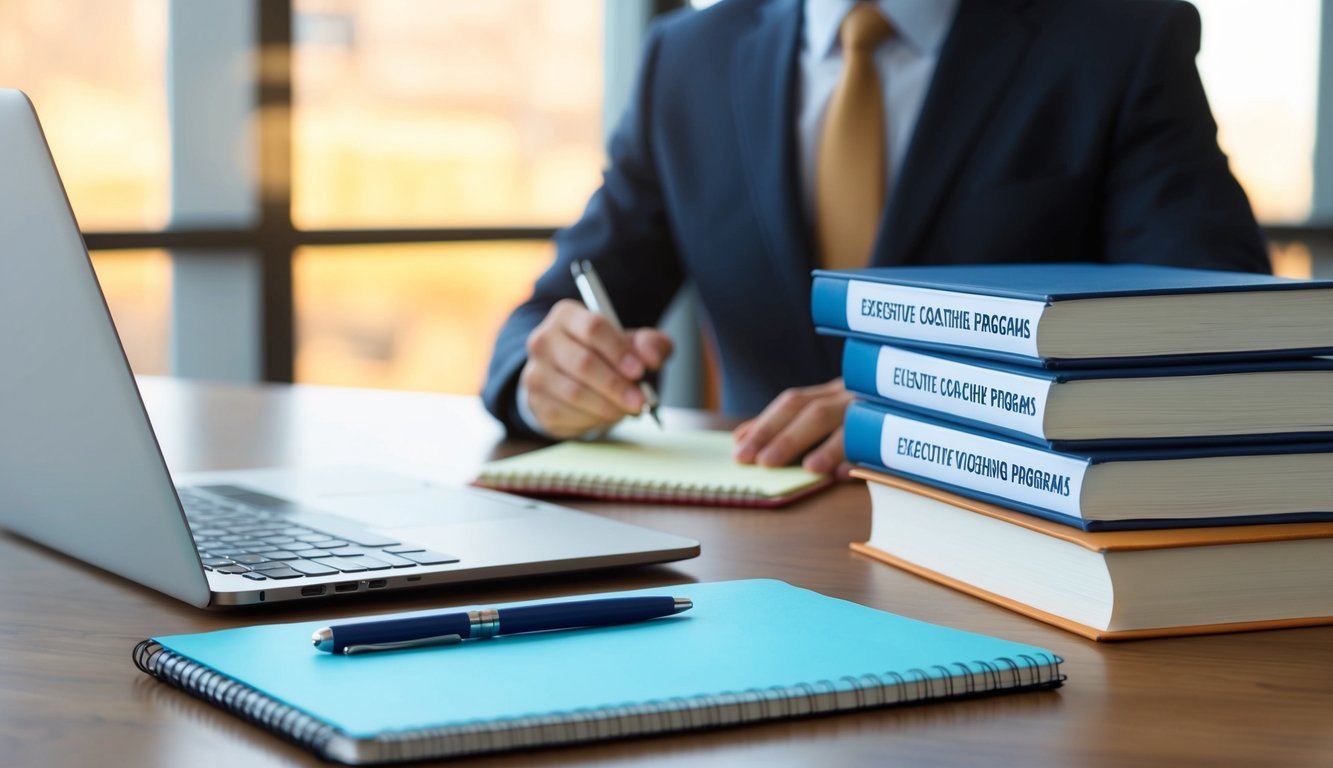 A desk with a laptop, notebook, and pen.</p><p>A stack of books on executive coaching programs.</p><p>A person's silhouette in the background