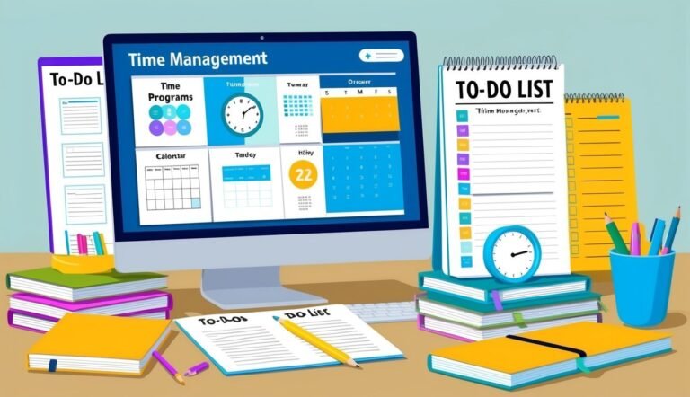 Computer screen with time management tools, to-do lists, and office supplies