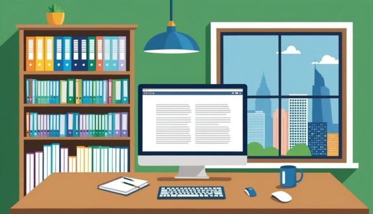 Office desk with computer, bookshelf, and cityscape view through window