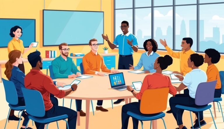 Diverse group of people in a meeting around a round table