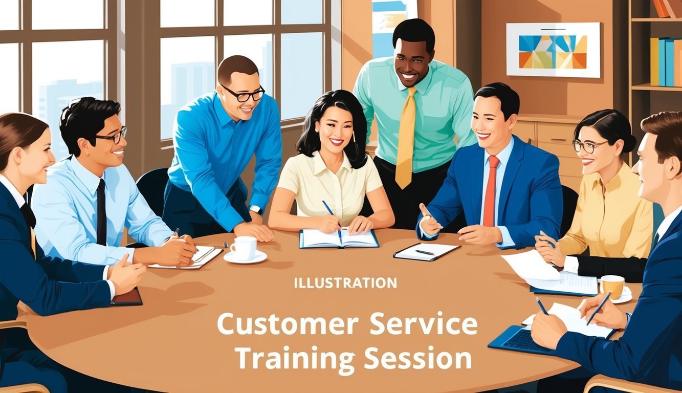 A group of people engaged in a customer service training session, with a focus on learning and collaboration