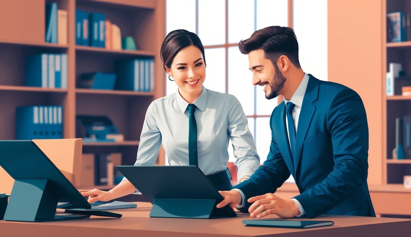 A customer service representative assisting a client with a friendly and attentive demeanor