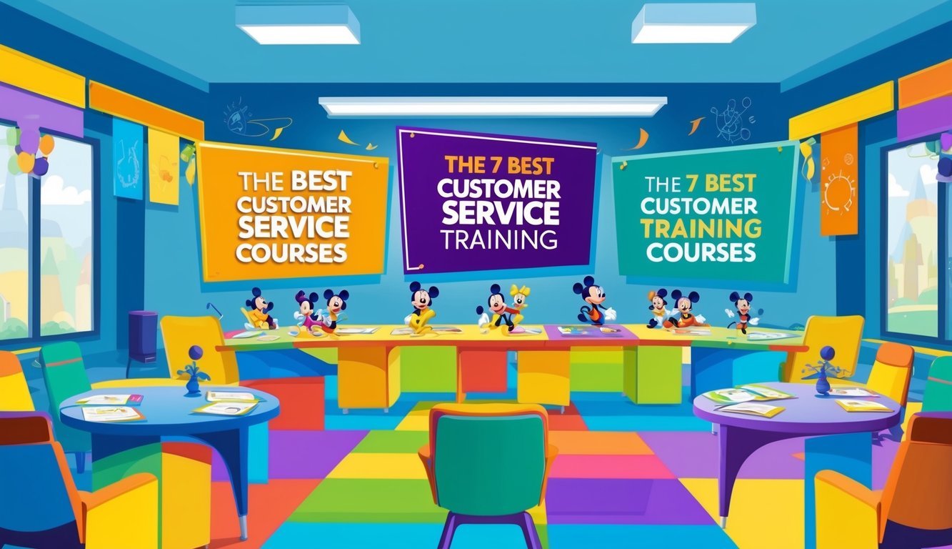 A colorful, energetic training room with Disney-themed decor and interactive activities.</p><p>Bright banners and engaging visuals promote the 7 best customer service training courses