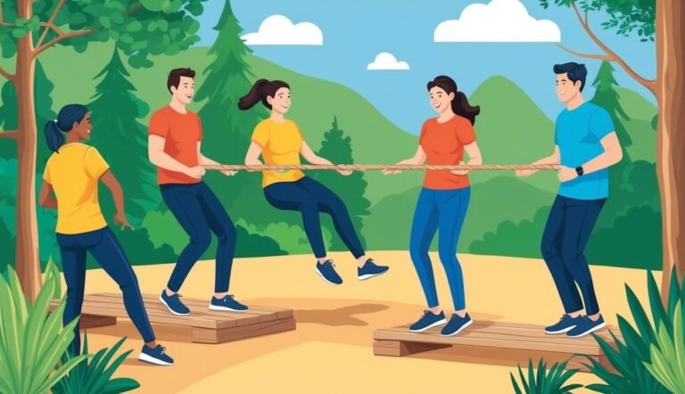 People playing tug-of-war on wooden platforms in a park setting