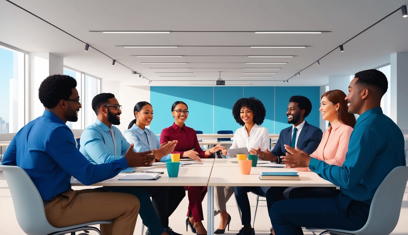 A group of diverse individuals engaged in interactive and hands-on customer service training exercises in a modern and spacious classroom setting