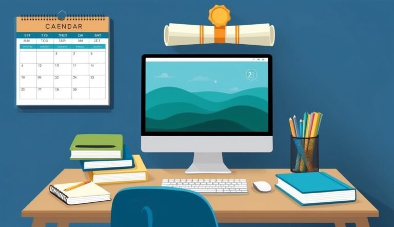 Desk with computer, calendar, books, pencils, and a diploma